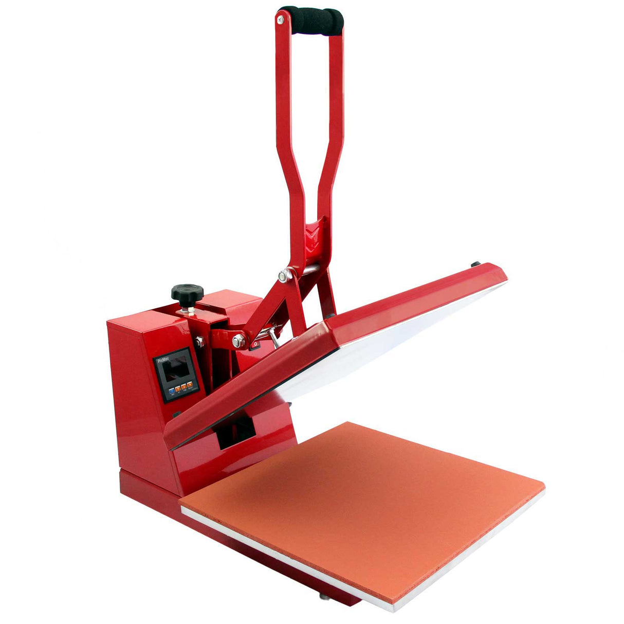 Rode PixMax 50cm clam hittepers met een grote oranje verwarmde plaat en een handvat voor eenvoudige bediening en gebruiksgemak