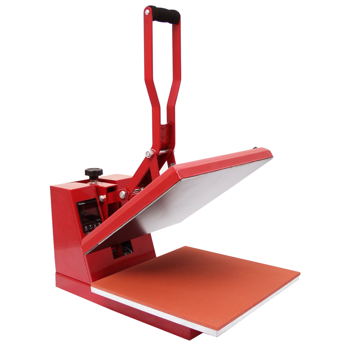 Rode 38 cm clam pers met een glanzend metalen bovenblad en een oranje onderplaat, ideaal voor het persen van ontwerpen op textiel