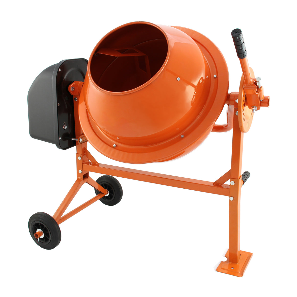 Oranje 70L elektrische cementmixer met stevige metalen constructie, wielen voor mobiliteit en een troffelset voor gebruiksgemak