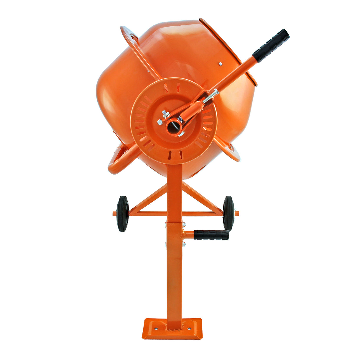 Oranje 70L elektrische cementmixer met stevige wielen, handvat en een robuuste metalen constructie voor efficiënt mengen van materialen