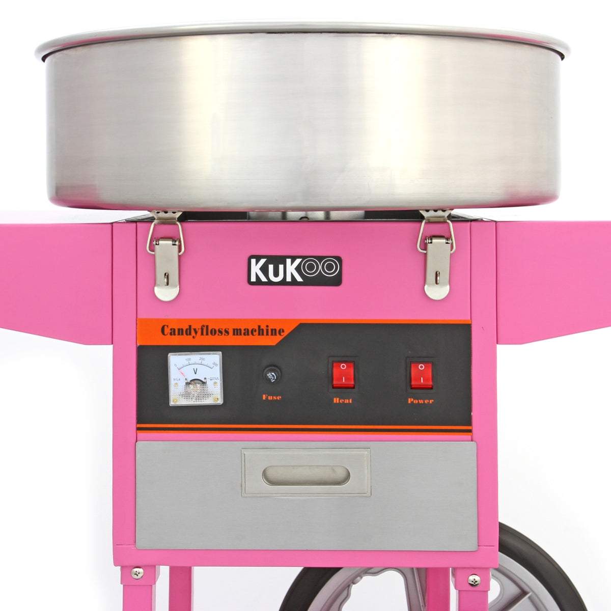 Roze suikerspinmachine met een glanzende metalen kom, bedieningspaneel met knoppen voor warmte en stroom, en een robuuste basis
