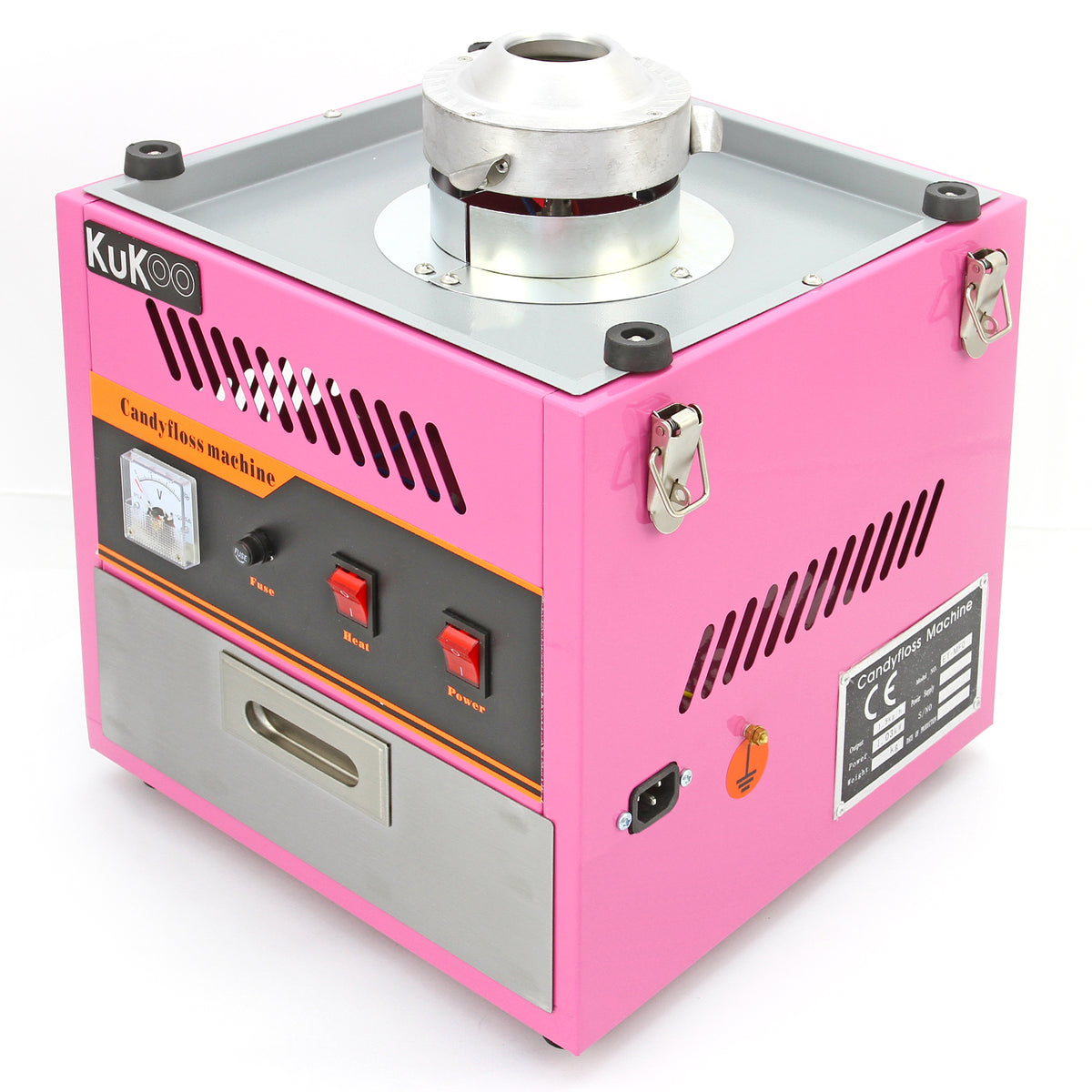 Roze suikerspinmachine met metalen bovenkant, knoppen in zwart en oranje, en een stevige, vierkante basis voor gebruiksgemak