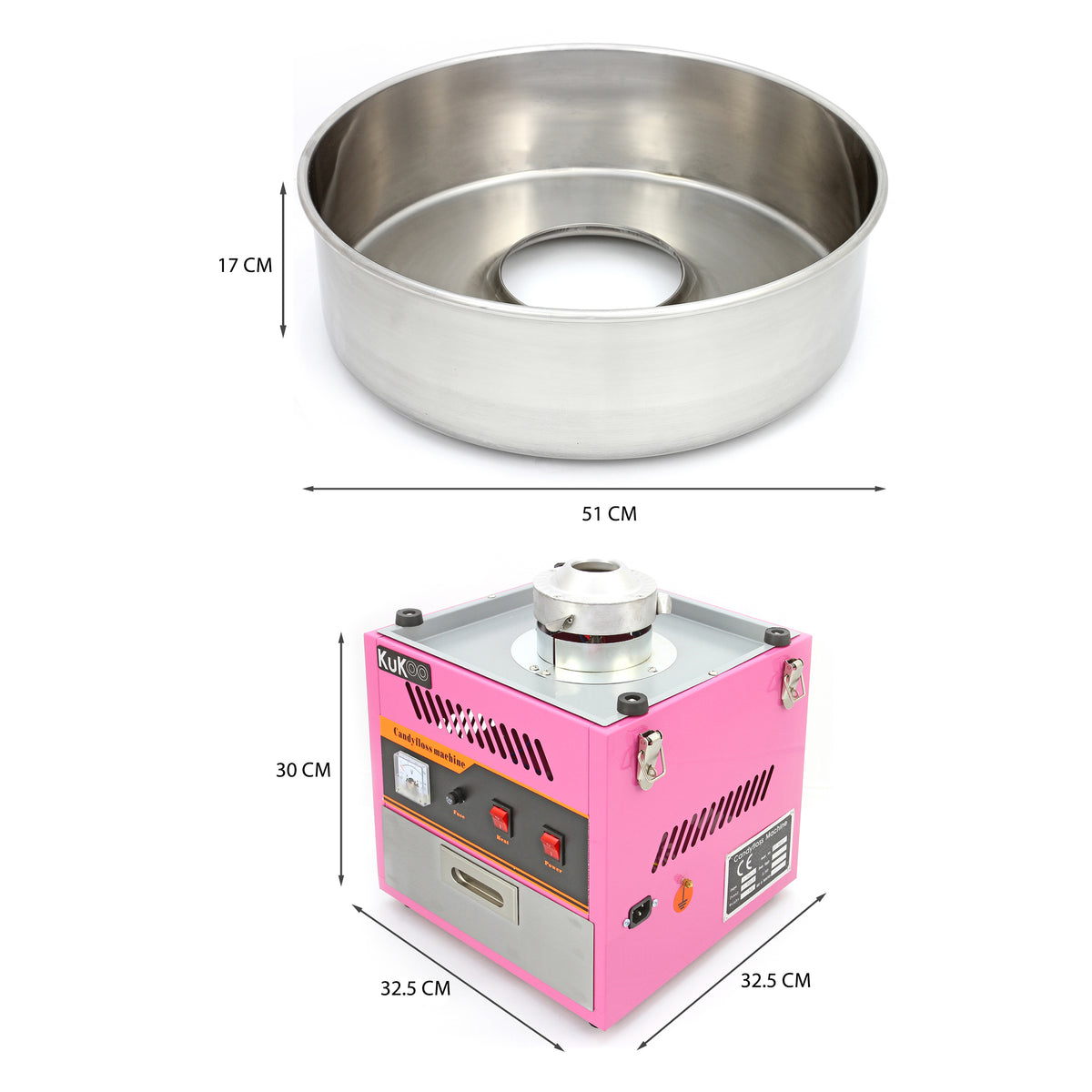 Roestvrijstalen suikerspinmachine met een ronde kom van 51 cm en een roze basis met bedieningsknoppen en een schoorsteenuitlaat