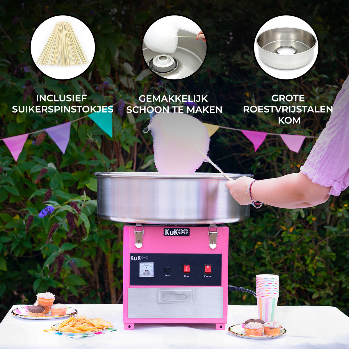 Suikerspinmachine in levendig roze met roestvrijstalen kom, inclusief suikerspinstokjes, ideaal voor feesten en evenementen