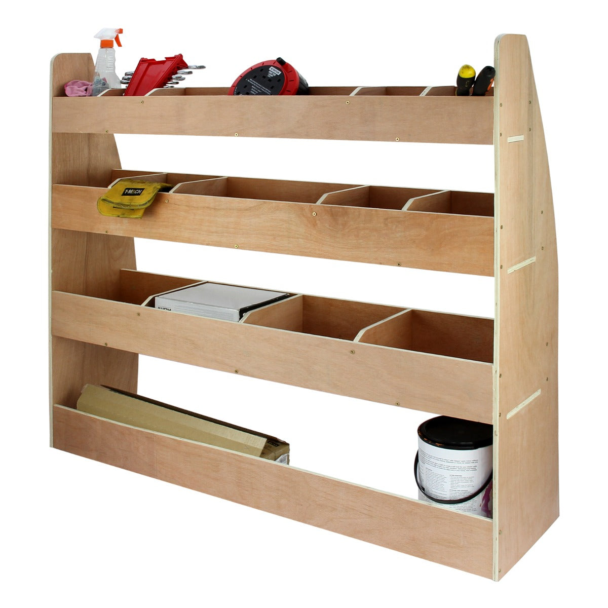 Zwarte bestelwagenbekleding met een houten rek, drie open planken en verschillende opbergvakken voor gereedschap en materialen