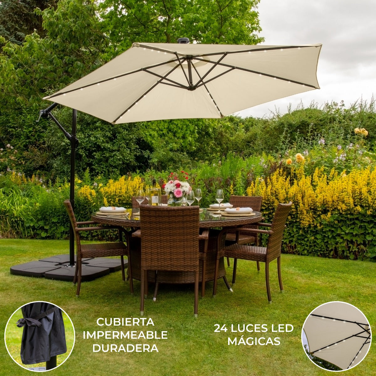 Crème 3m LED Zweefparasol met een eenvoudige voet