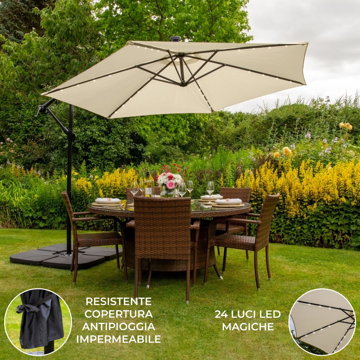 Crème 3m LED Zweefparasol met een eenvoudige voet
