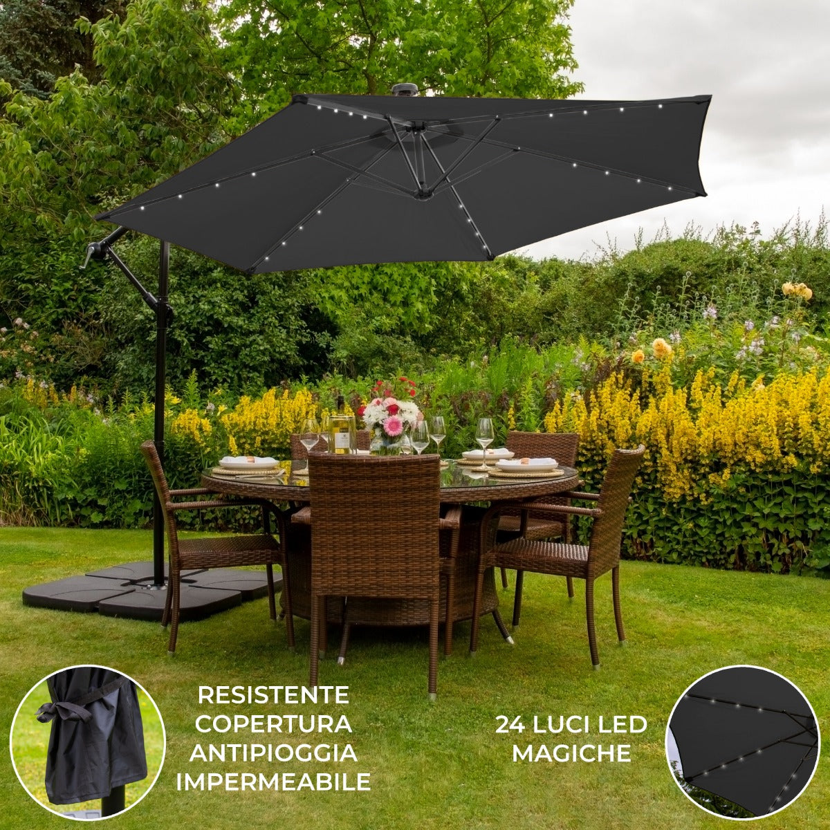 Grijs 3m LED Zweefparasol met een eenvoudige voet