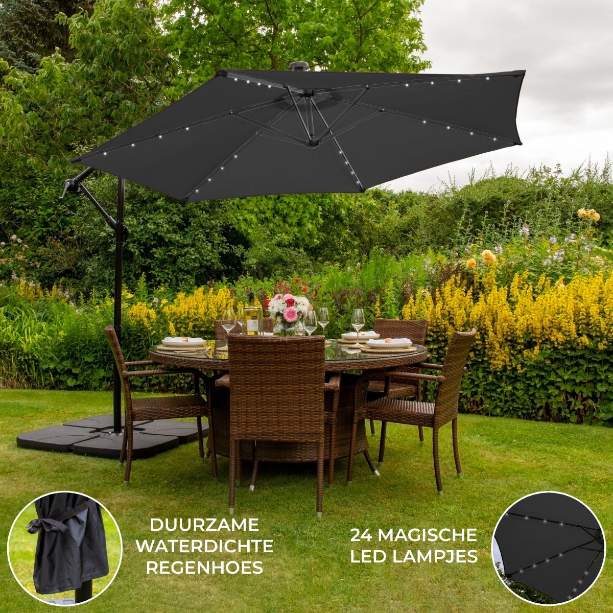 Grijs 3m LED Zweefparasol met een eenvoudige voet