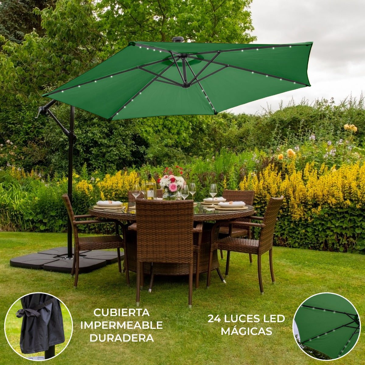 Groen 3m LED Zweefparasol met een eenvoudige voet