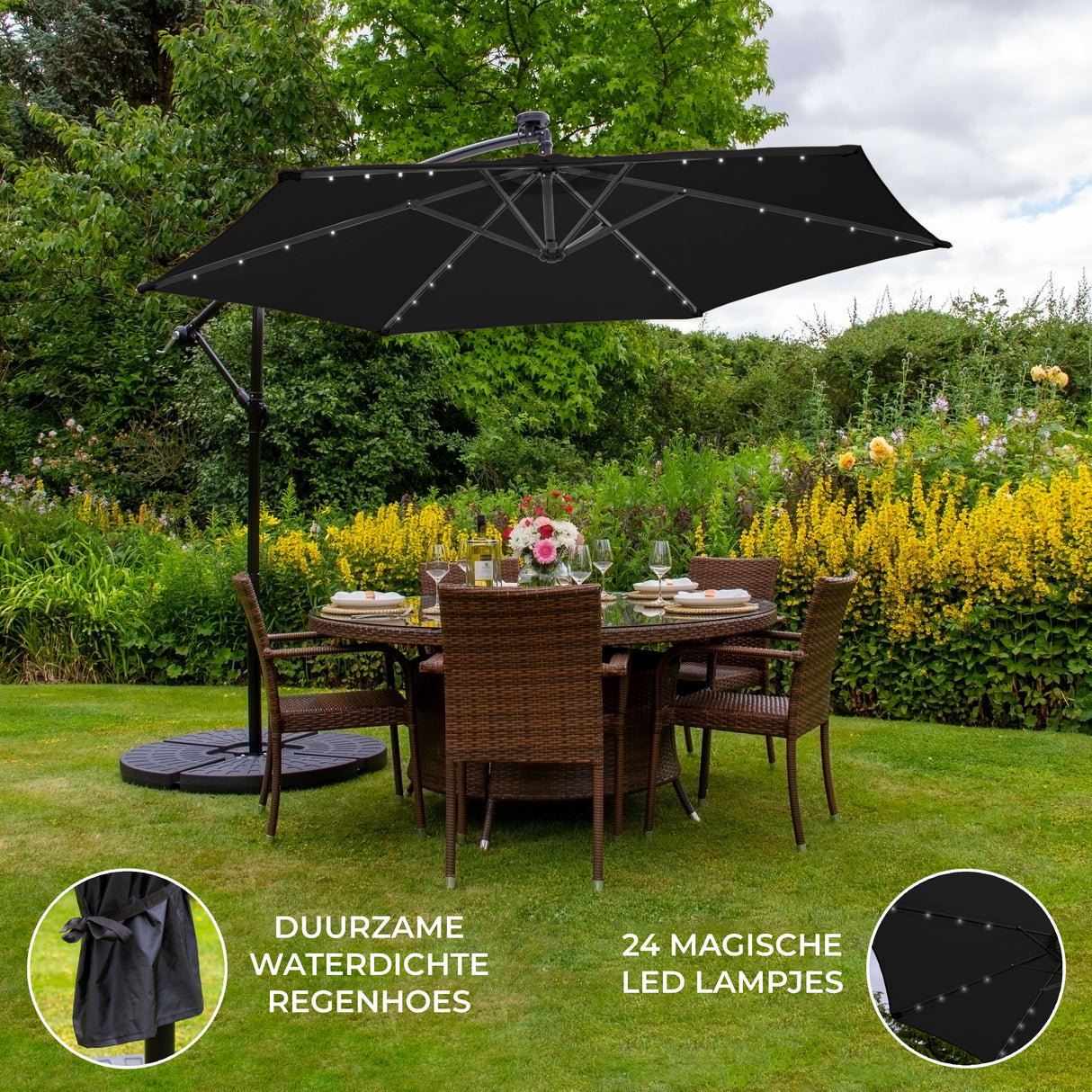 Zwart 3m LED Zweefparasol met Voet