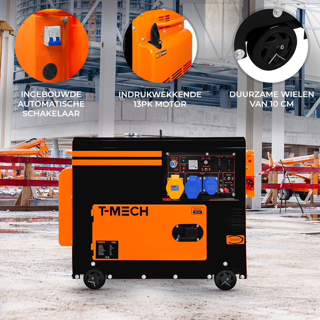 T-Mech Stille Diesel generator - Eenfasig 230V - Gesloten Frame