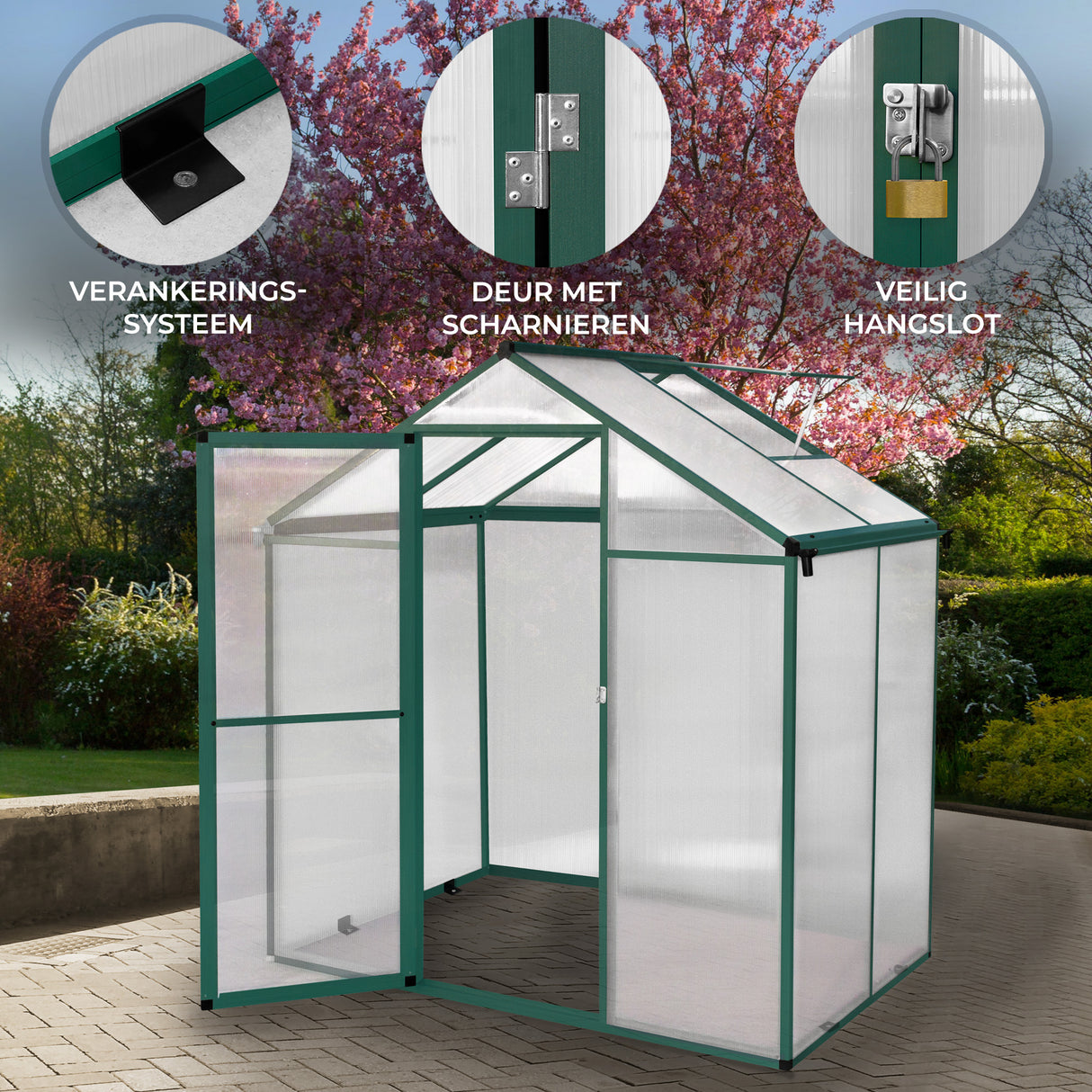 Groene tuinkas van polycarbonaat, 185 x 120 x 194 cm, met scharnierdeur, verankeringssysteem en veilig hangslot, ideaal voor planten