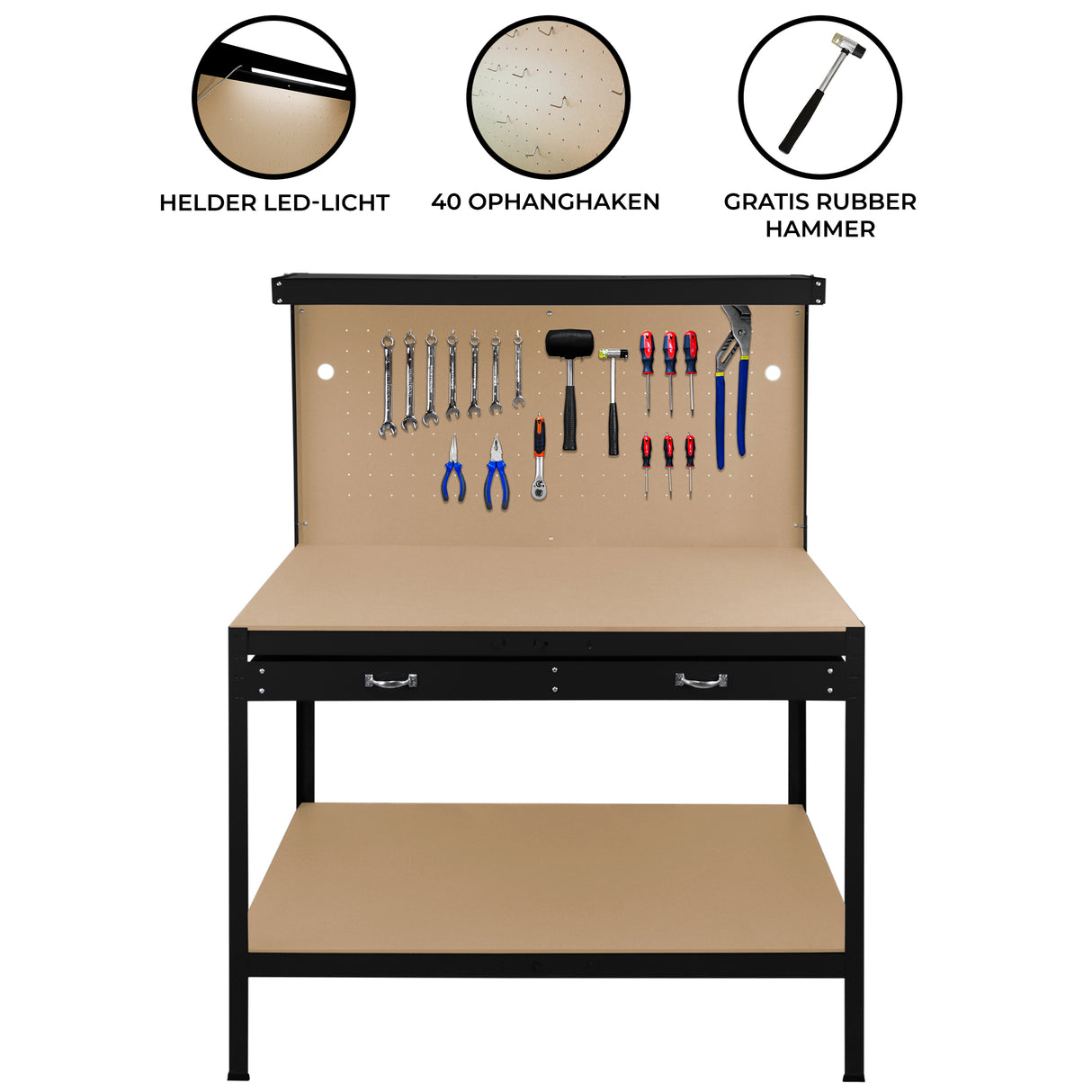 Zwarte werkbank met ophangbord, lade en verlichting, voorzien van gereedschap en 40 ophanghaken, stevige afwerking en modern ontwerp