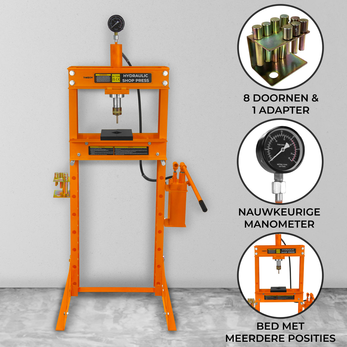 Hydraulische Werkplaatspers met Manometer - 20 Ton