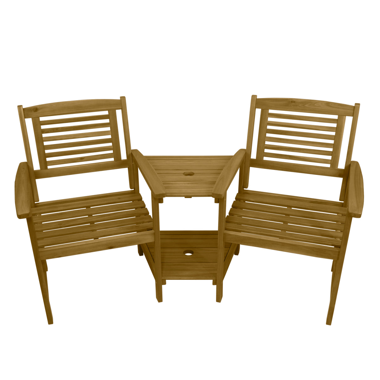 Buiten loveseat in natuurlijk hout met comfortabele kussens, voorzien van een handige tussen tafel voor drankjes en snacks