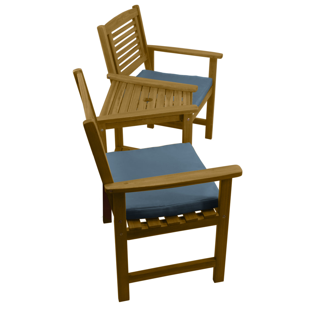 Buiten loveseat van hout met blauwe kussens, comfortabel en stijlvol, perfect voor tuin of terras, met slanke lijnen en een natuurlijke afwerking