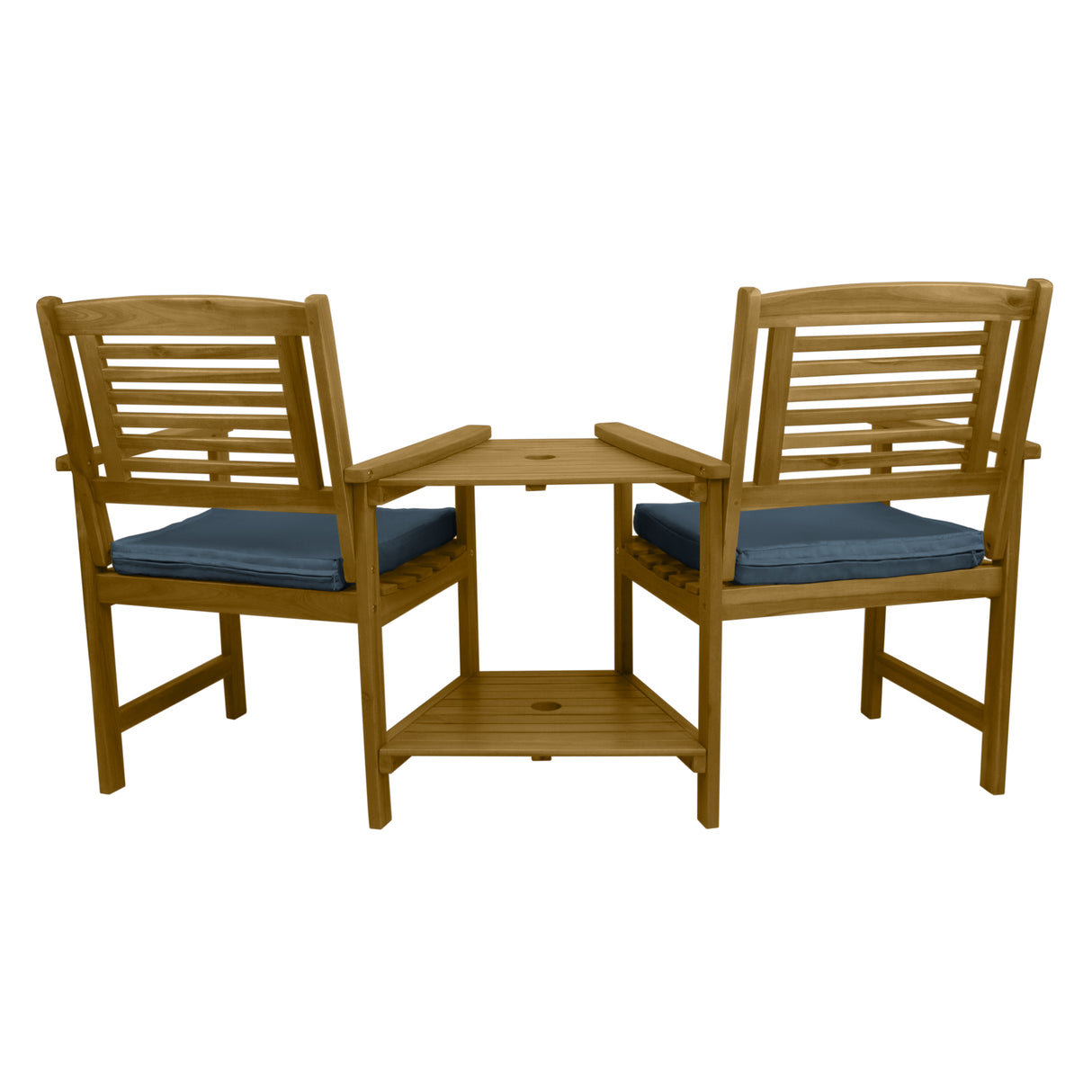 Buiten loveseat van hout met blauwe kussens, voorzien van een centrale tafel en een slank, modern ontwerp voor tuincomfort