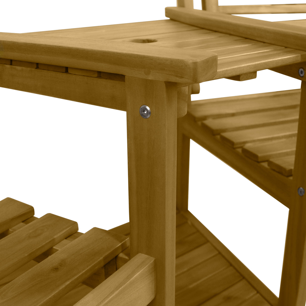 Lichtbruine houten buiten loveseat met comfortabele kussens, strak design en stevige lattenstructuur voor optimale ondersteuning