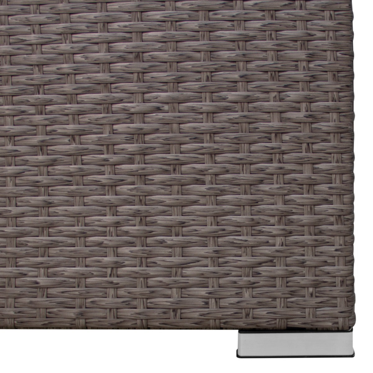 Grijze polyrattan hoekmeubelset met een geweven textuur en metalen poten, perfect voor buitengebruik en moderne tuinen