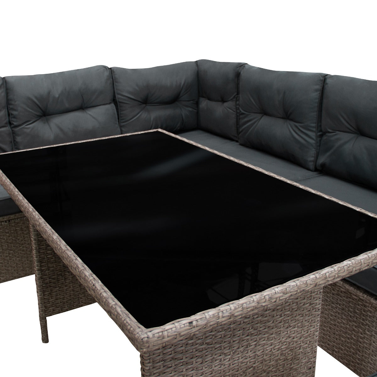Grijze polyrattan hoekmeubelset met comfortabele kussens en een glanzende zwarte tafelblad, perfect voor buitengebruik