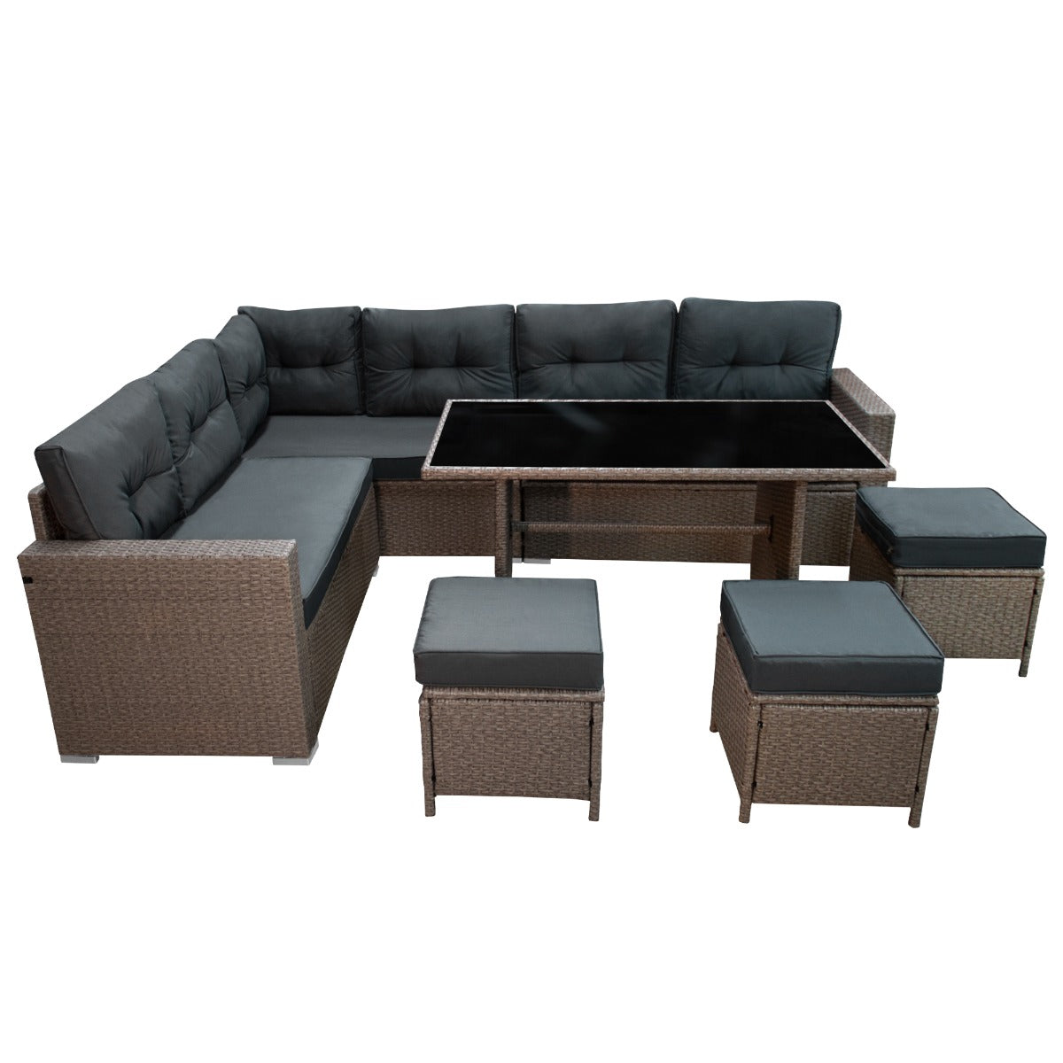 Grijze polyrattan hoekmeubelset met comfortabele kussens, een glazen tafelblad en bijpassende poefjes voor buitengebruik