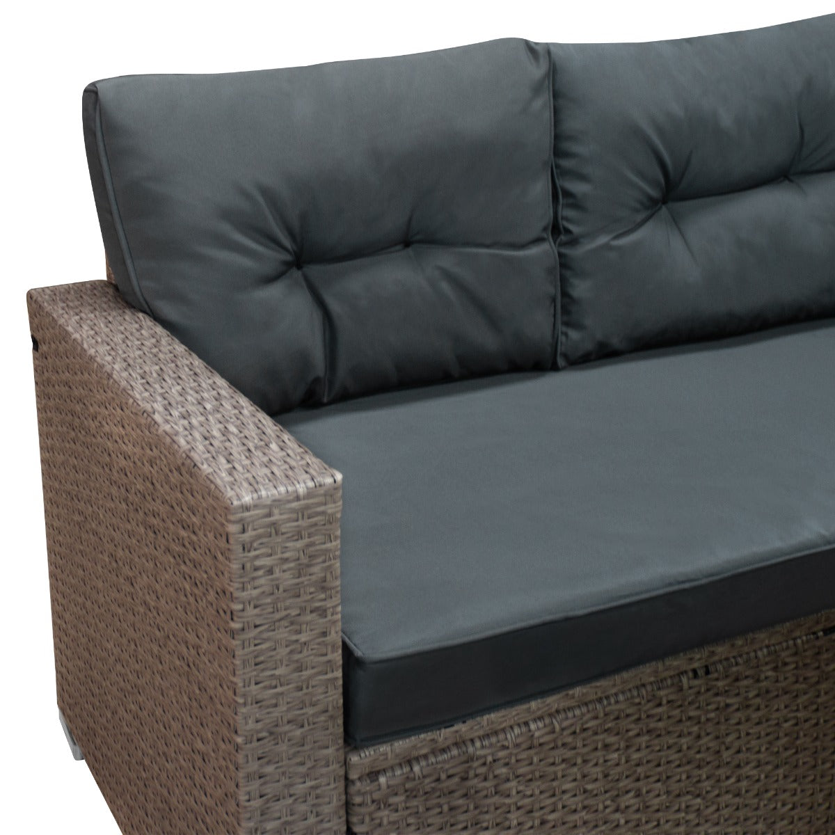 Grijze polyrattan hoekmeubelset met comfortabele kussens, geweven textuur en moderne uitstraling voor buitengebruik