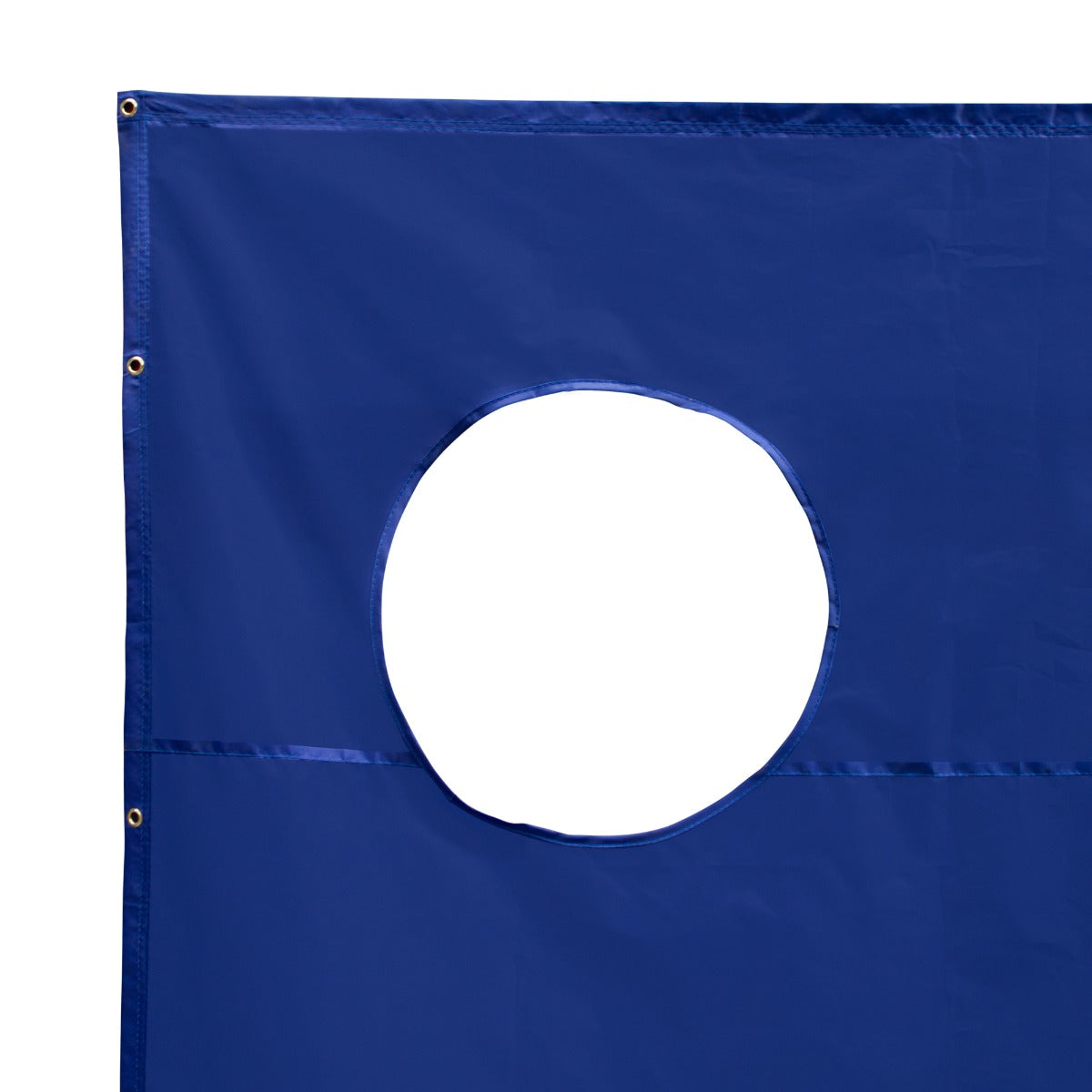 Blauw doelwitdoek voor voetbaldoelen, met een grote ronde opening in het midden, gemaakt van duurzaam, weerbestendig materiaal