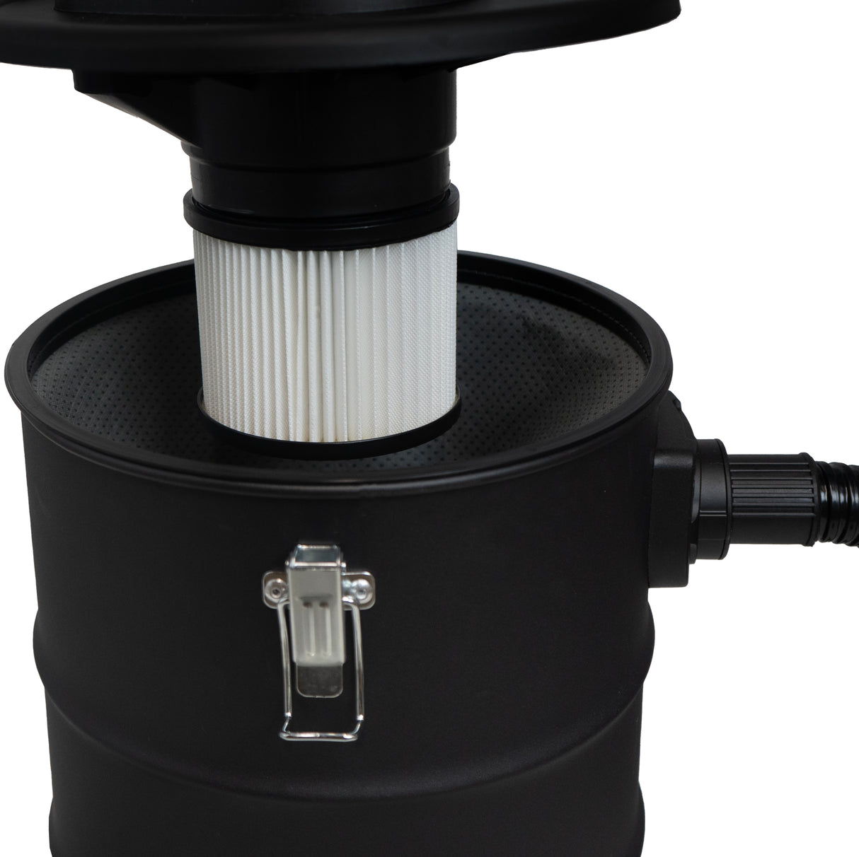 Zwarte 20L asstofzuiger met een cilindrische vorm, witte filter en een stevige aanpassing voor een efficiënte stofafzuiging