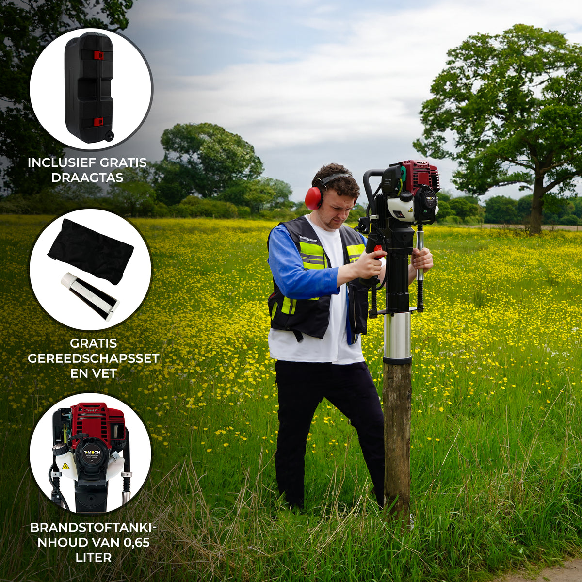 T-Mech 4-takt benzine paalrammer in een groene veld, met man in veiligheidskleding en gehoorbescherming, inclusief accessoires