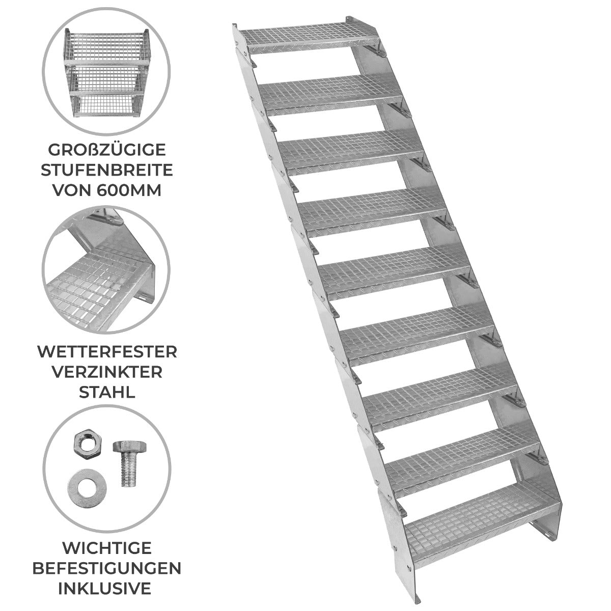 Verstelbare 9-delige verzinkte trap - 600 mm breed