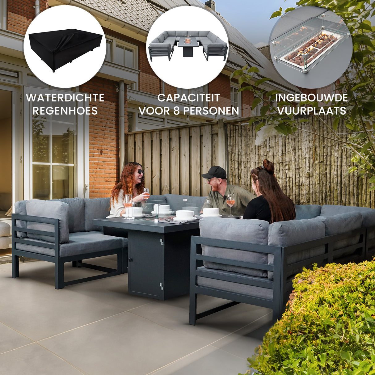 Modulaire Tuinmeubelset met Vuurschaal Grijs