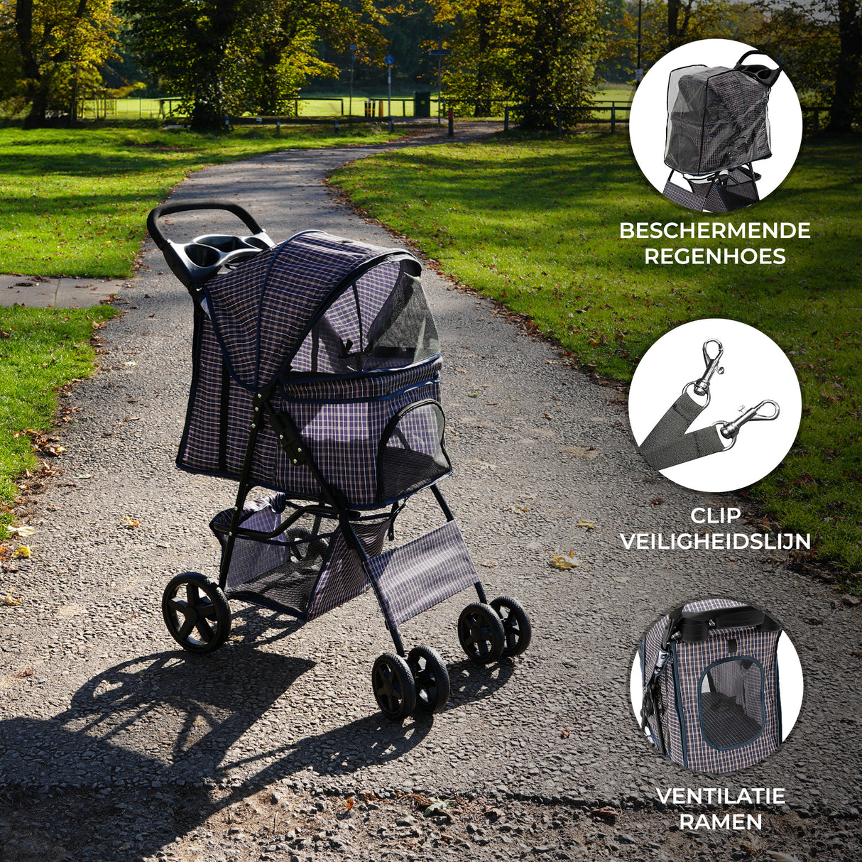 Hondenbuggy met Regenhoes – Ruitblauw