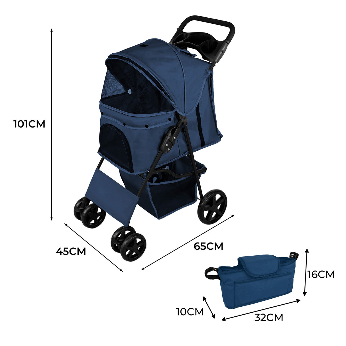 Hondenbuggy met Regenhoes en Organizer Tas - Marineblauw