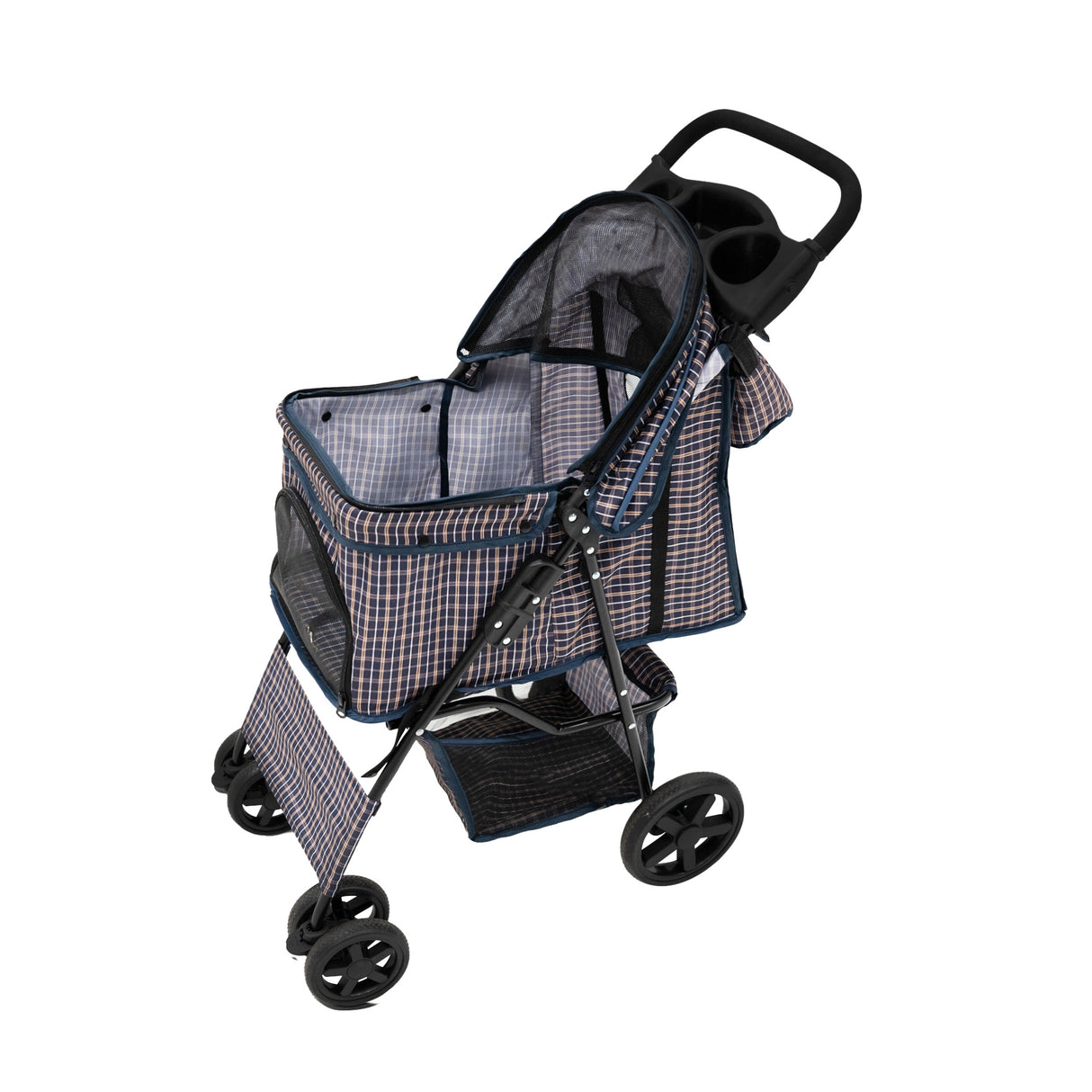 Hondenbuggy met Regenhoes en Organizer Tas - Ruitblauw