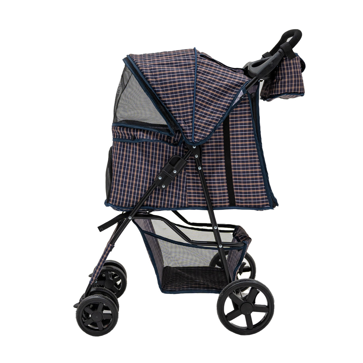 Hondenbuggy met Regenhoes en Organizer Tas - Ruitblauw
