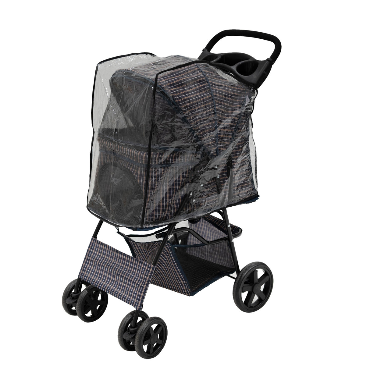 Hondenbuggy met Regenhoes en Organizer Tas - Ruitblauw