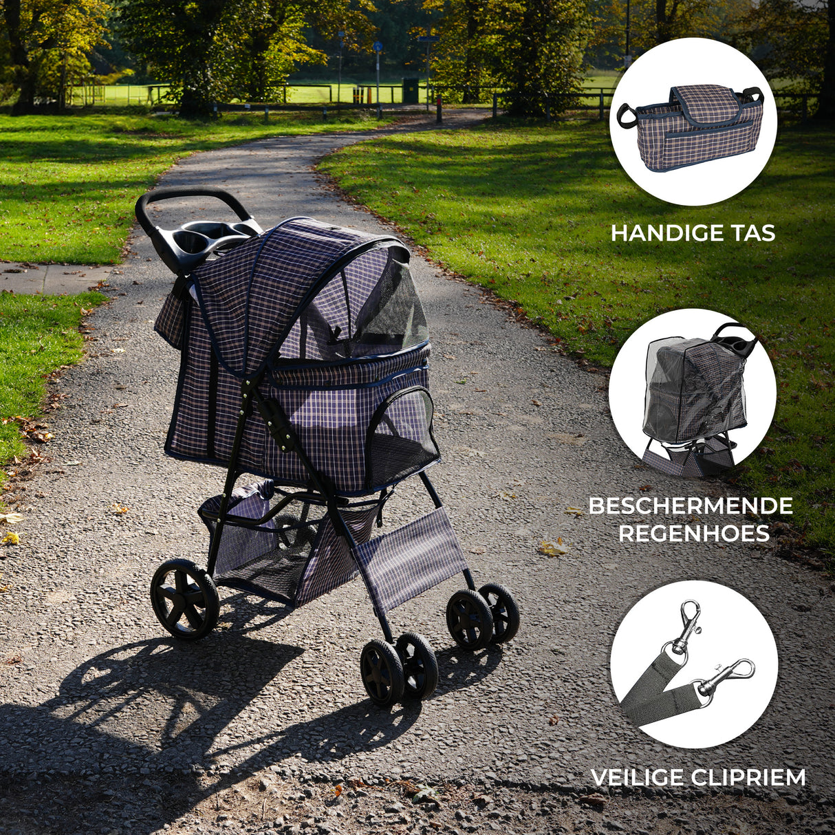 Hondenbuggy met Regenhoes en Organizer Tas - Ruitblauw