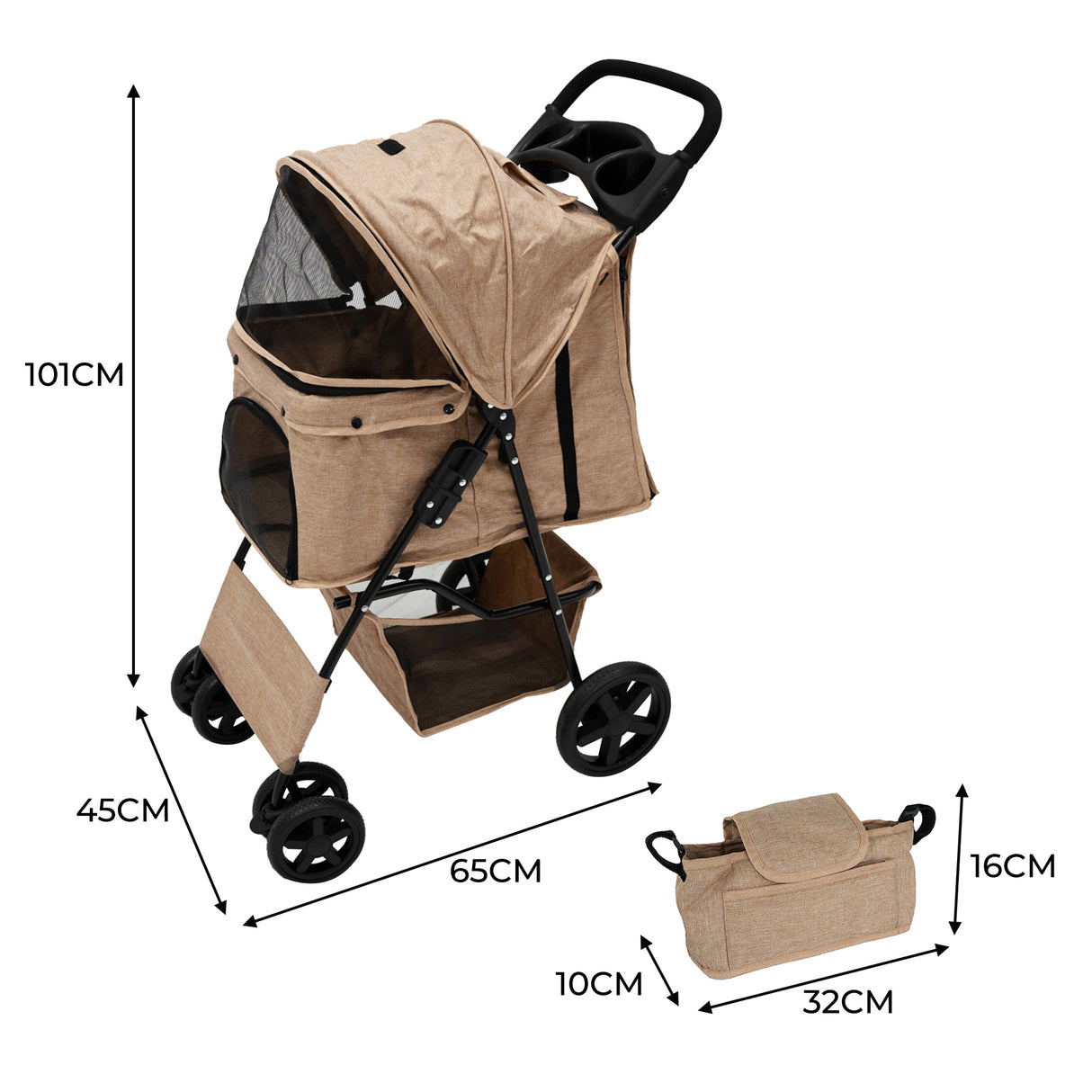 Hondenbuggy met Regenhoes en Organizer Tas - Beige