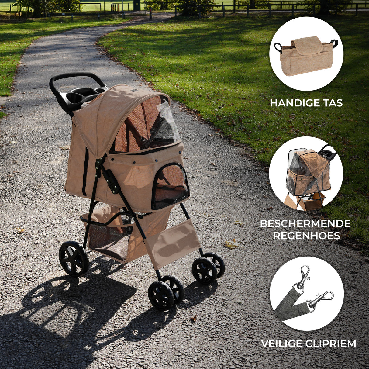 Hondenbuggy met Regenhoes en Organizer Tas - Beige