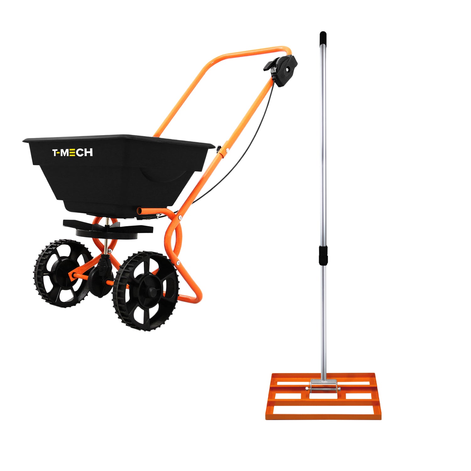 Roterende Strooiwagen & 50 cm Gazon Leveling Hark – Oranje