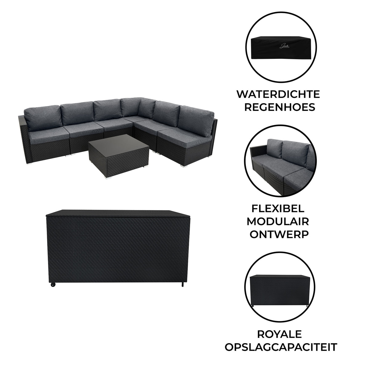 Rotan Modulaire 7-Delige Meubelset & 996L Opbergbox - Zwart