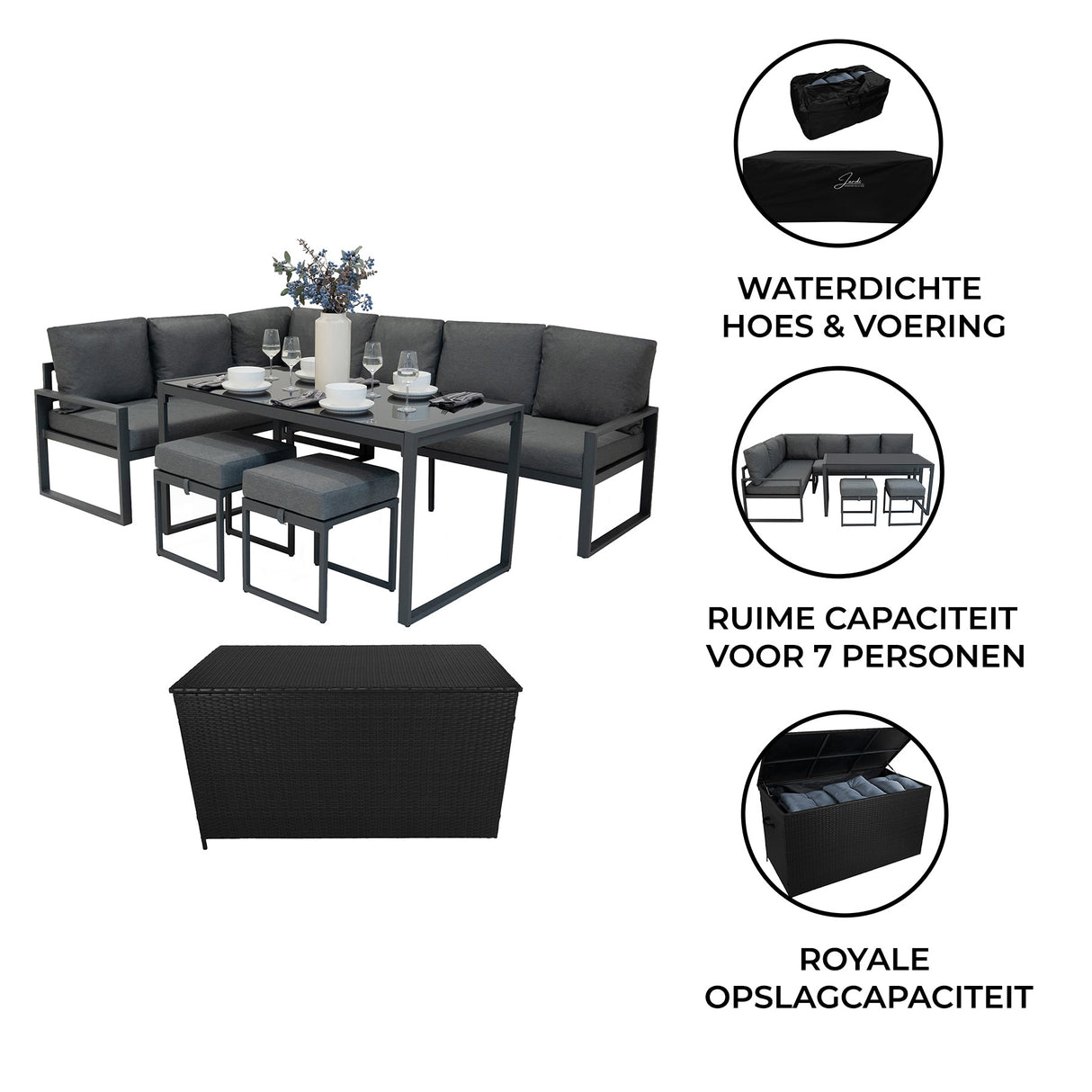 Aluminium Hoek Loungeset met Zwarte Rotan Opbergbox - Antraciet Grijs