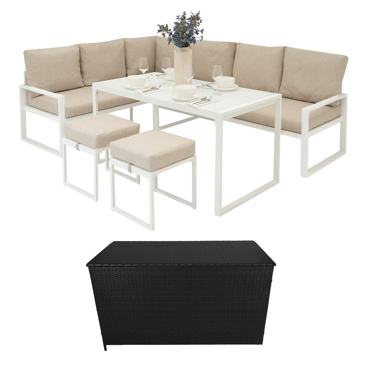 Aluminium Hoek Loungeset met Zwarte Rotan Opbergbox - Wit
