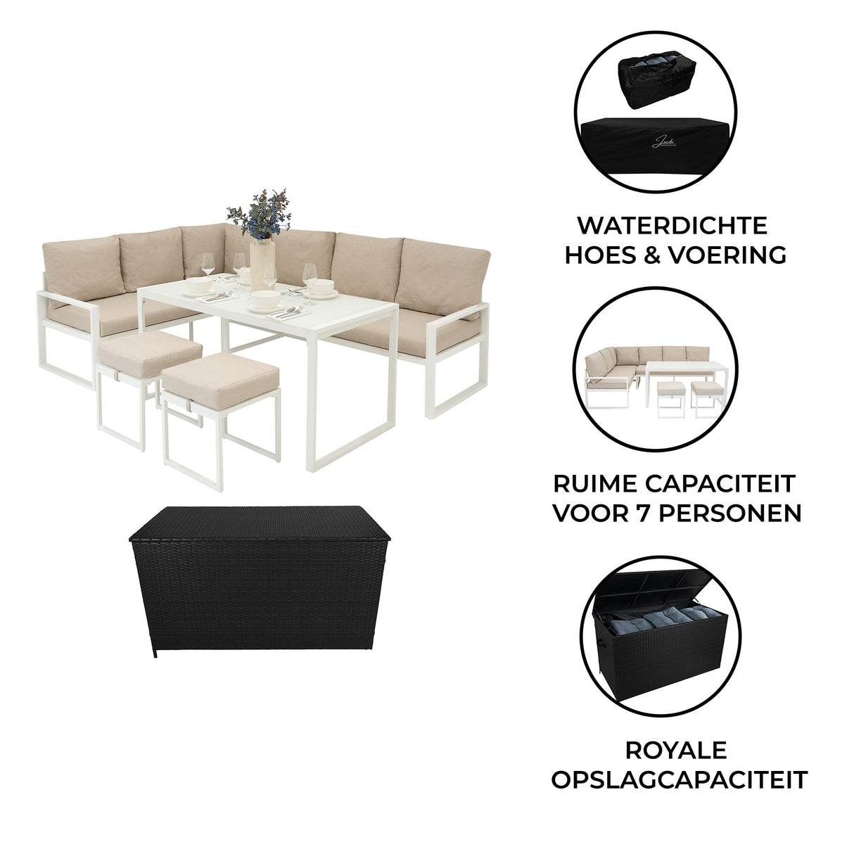 Aluminium Hoek Loungeset met Zwarte Rotan Opbergbox - Wit