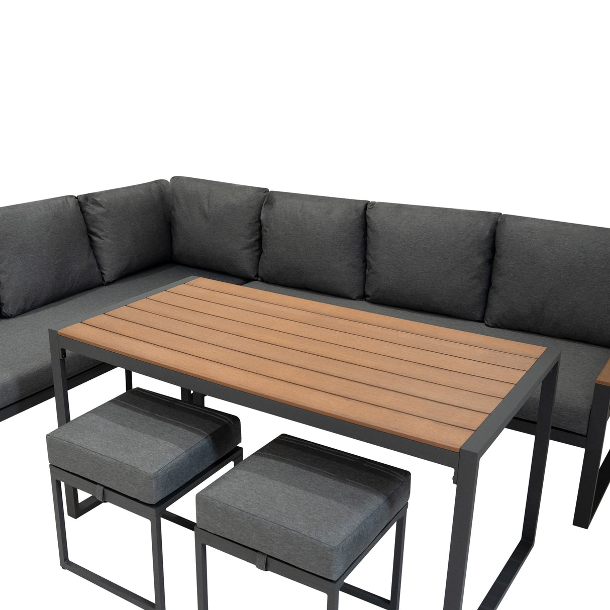 Aluminium Hoek Loungeset met Zwarte Rotan Opbergbox - Houteffect