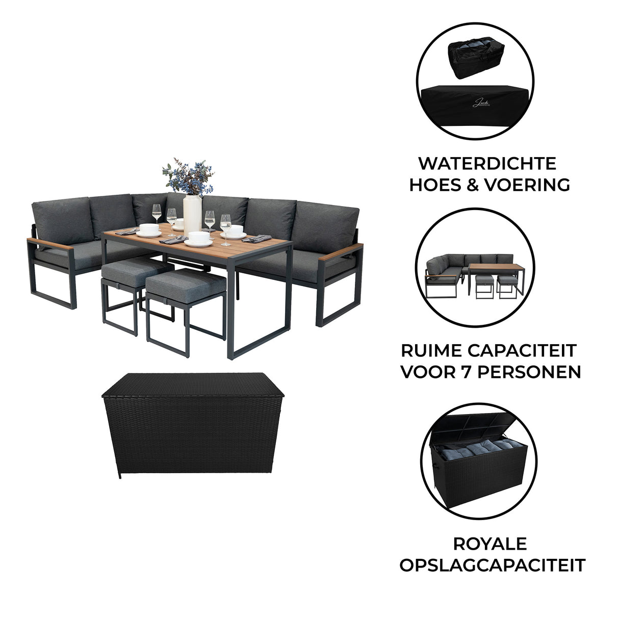 Aluminium Hoek Loungeset met Zwarte Rotan Opbergbox - Houteffect