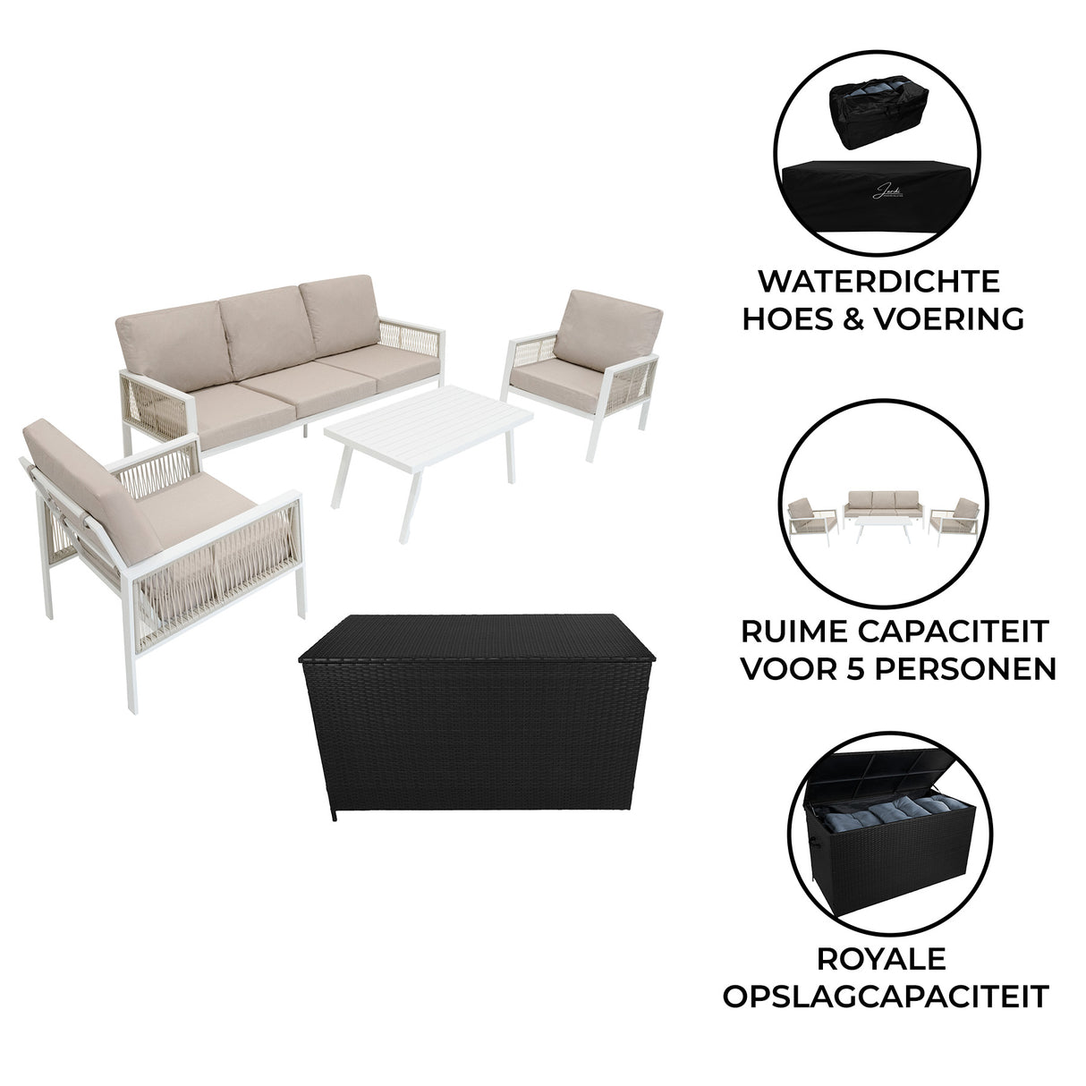 Aluminium 4-Delige Loungeset met Zwarte Rotan Opbergbox - Wit