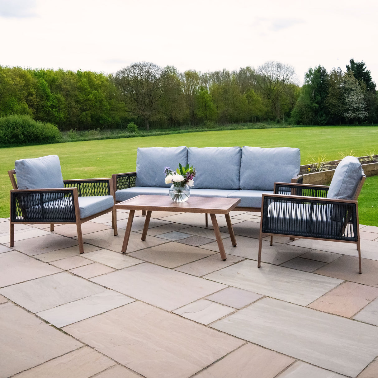 Aluminium 4-Delige Loungeset met Zwarte Rotan Opbergbox - Houteffect