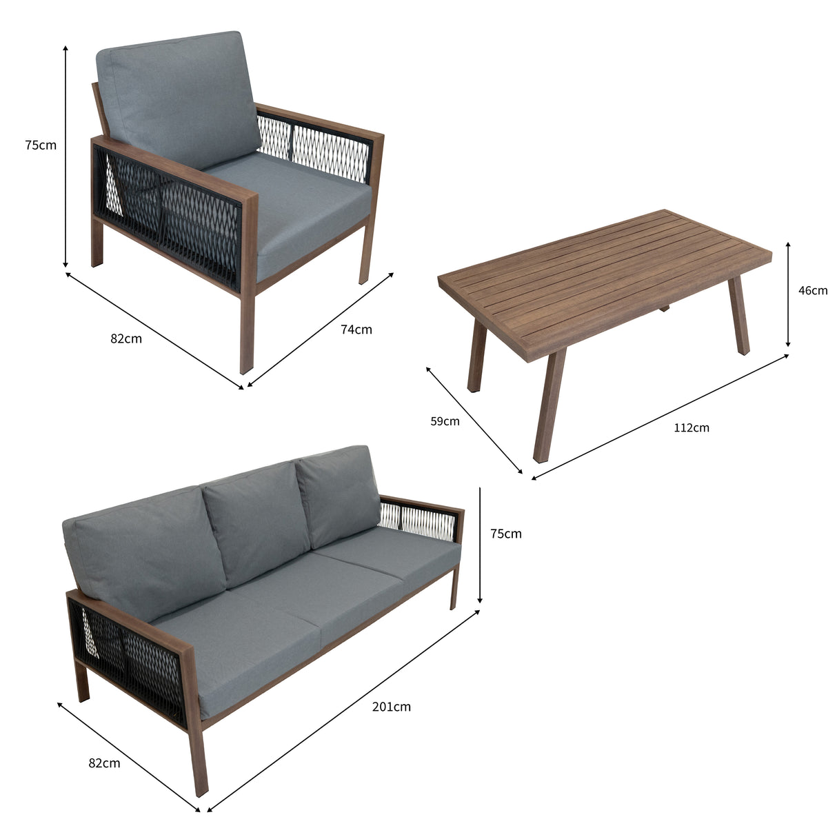 Aluminium 4-Delige Loungeset met Zwarte Rotan Opbergbox - Houteffect